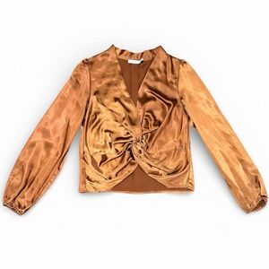 Lush Satin Twist Front Cropped Blouse - Rust Orange